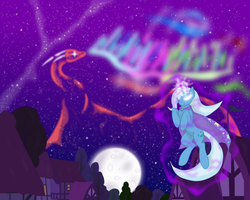 Size: 2560x2048 | Tagged: safe, artist:virenth, trixie, dragon, pony, unicorn, g4, female, high res, magic, mare, moon, night, solo