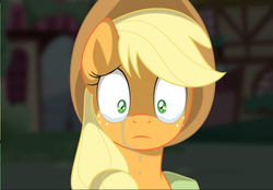 Size: 844x587 | Tagged: safe, artist:kumkrum, applejack, g4, cropped, crying, female, frown, looking at you, reaction image, sad, sadjack, solo, wide eyes