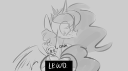 Size: 1280x714 | Tagged: safe, artist:jankrys00, princess luna, alicorn, pony, lunadoodle, g4, :>, blushing, butt, censored, female, frown, lewd, looking back, monochrome, nailed it, plot, solo, wide eyes