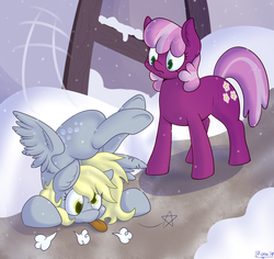 Size: 1800x1700 | Tagged: safe, artist:skoon, cheerilee, derpy hooves, pegasus, pony, g4, backbend, chest stand, crash landing, female, flexible, mare, snow, snowfall, tongue out, underhoof