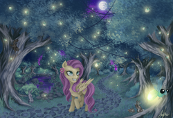 Size: 3389x2300 | Tagged: safe, artist:katyand, artist:sewingintherain, fluttershy, firefly (insect), g4, female, high res, night, solo