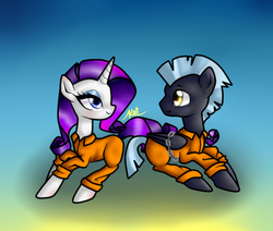 Size: 1000x846 | Tagged: safe, artist:kayak94, rarity, thunderlane, pegasus, pony, unicorn, g4, bound wings, chains, clothes, duo, female, jumpsuit, male, mare, prison outfit, prisoner, prisoner ry, ship:rarilane, shipping, stallion, straight