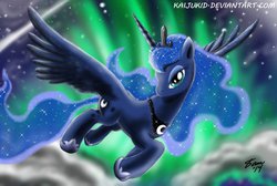 Size: 900x606 | Tagged: safe, artist:kaijukid, princess luna, g4, aurora borealis, female, flying, sky, solo