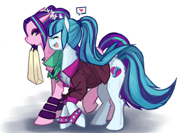 Size: 1024x768 | Tagged: safe, artist:hisshi shoujo, aria blaze, sonata dusk, pony, equestria girls, g4, blushing, clothes, duo, equestria girls outfit, equestria girls ponified, female, lesbian, mouth hold, pixiv, ponified, ship:arisona, shipping