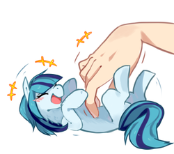 Size: 568x502 | Tagged: safe, artist:hisshi shoujo, sonata dusk, earth pony, pony, equestria girls, g4, bellyrubs, blushing, cute, equestria girls ponified, eyes closed, female, hand, laughing, legs in air, mare, micro, on back, open mouth, pixiv, ponified, simple background, smiling, sonatabetes, tickling, tiny ponies, white background