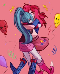 Size: 625x768 | Tagged: safe, artist:hisshi shoujo, pinkie pie, sonata dusk, equestria girls, g4, balloon, clothes, duo, female, hug, pink background, pixiv, ship:pinata, simple background, skirt