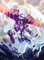 Size: 1100x1477 | Tagged: safe, artist:tc, princess celestia, g4, armor, female, mouth hold, solo, weapon