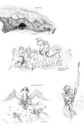 Size: 1100x1625 | Tagged: safe, artist:baron engel, rainbow dash, oc, oc:sky brush, pegasus, pony, g4, cloud, female, fog, male, mare, monochrome, pencil drawing, rocket, sitting, stallion, story in the source, traditional art, weather team