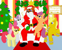 Size: 1000x800 | Tagged: safe, artist:michael thompson, apple bloom, scootaloo, sweetie belle, oc, oc:giddy up, earth pony, pegasus, pony, unicorn, cmc 10k, g4, christmas, christmas tree, clothes, furry, santa claus, santa costume, tree