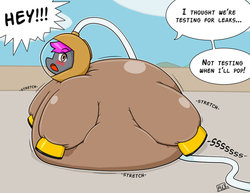 Size: 800x618 | Tagged: safe, artist:defilerzero, oc, oc only, oc:crash dive, pegasus, pony, air pump, blushing, diving suit, helmet, immobile, inflation, lying down, prone, solo, speech bubble