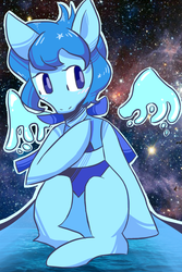 Size: 800x1200 | Tagged: safe, artist:wafflemilu, gem (race), gem pony, pegasus, pony, artificial wings, augmented, clothes, dress, female, hydrokinesis, lapis lazuli (steven universe), magic, magic wings, mare, ocean, ponified, sitting, solo, space, steven universe, water, watery wings, wings