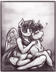 Size: 1377x1780 | Tagged: safe, artist:bantha, twilight sparkle, anthro, plantigrade anthro, g4, :p, anthro ponidox, barefoot, chin scratch, cuddling, cute, duo, eyes closed, feet, female, grayscale, heart, hug, monochrome, prone, self paradox, self ponidox, sitting, smiling, snuggling, tongue out, twiabetes, twilight sparkle (alicorn), wink