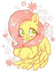 Size: 635x800 | Tagged: dead source, safe, artist:semi-kon, fluttershy, pegasus, pony, g4, blushing, bust, cute, female, flower, shyabetes, simple background, solo, white background