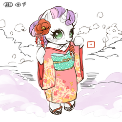 Size: 512x512 | Tagged: safe, artist:wan, sweetie belle, pony, g4, bipedal, cute, diasweetes, female, kimono (clothing), solo