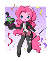Size: 1000x1200 | Tagged: safe, artist:jdan-s, gummy, pinkie pie, anthro, g4, ambiguous facial structure, clothes, hat, magician outfit, pantyhose, stockings, thigh highs, top hat, tuxedo