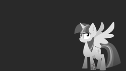 Size: 1280x720 | Tagged: safe, artist:zvn, twilight sparkle, alicorn, pony, g4, black and white, cutie mark, dark background, female, gray background, grayscale, hooves, horn, mare, monochrome, simple background, solo, spread wings, twilight sparkle (alicorn), wings