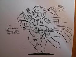 Size: 600x450 | Tagged: dead source, safe, artist:brenda hickey, idw, twilight sparkle, human, pony, unicorn, g4, deal with it, female, humans riding ponies, korra, mare, monochrome, riding, the legend of korra, traditional art