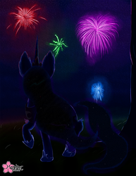 Size: 1000x1294 | Tagged: safe, artist:clouddg, princess luna, alicorn, pony, g4, backlighting, female, fireworks, solo