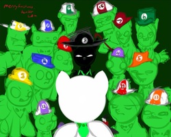 Size: 640x512 | Tagged: safe, artist:frist44, biscuits (homestuck), bowtie, cans (homestuck), clover (homestuck), crossover, crowbar, crowbar (homestuck), die (homestuck), doc scratch, doze (homestuck), eggs (homestuck), fin (homestuck), group photo, hat, homestuck, itchy (homestuck), matchsticks, minigun, ponified, quarters, sawbuck, snowman (homestuck), stitch (homestuck), the felt, trace (homestuck)