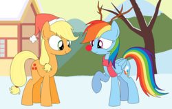 Size: 1026x650 | Tagged: safe, artist:hyolark, applejack, rainbow dash, earth pony, pegasus, pony, g4, clothes, hat, raised hoof, red nose, rudolph dash, rudolph the red nosed reindeer, santa hat, scarf, snow, winter