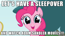 Size: 610x343 | Tagged: safe, screencap, pinkie pie, g4, adam sandler, happy, image macro, let's have a sleepover and watch x, meme, sleepover, smiling