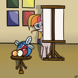 Size: 1250x1250 | Tagged: safe, artist:nightofaccordionsax, toola-roola, earth pony, parasprite, pony, ask toola roola, g3, g4, ask, easel, female, g3 to g4, generation leap, mare, mouth hold, paintbrush, painting, solo, tumblr