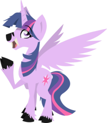 Size: 1280x1468 | Tagged: safe, artist:zvn, twilight sparkle, alicorn, pony, g4, chinese water deer, colored hooves, cutie mark, fangs, female, hoof fluff, hooves, horn, lineless, mare, open mouth, solo, species swap, twilight sparkle (alicorn), wings