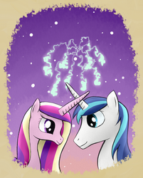 Size: 900x1119 | Tagged: safe, artist:ambrosebuttercrust, princess cadance, shining armor, alicorn, pony, unicorn, ask toola roola, g3, g4, ask, female, fireworks, horn, horns are touching, looking at each other, male, mare, married couple, smiling, stallion, tumblr