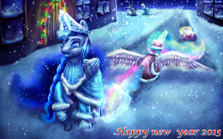 Size: 1920x1200 | Tagged: safe, artist:9de-light6, derpy hooves, doctor whooves, princess celestia, princess luna, time turner, alicorn, pegasus, pony, g4, clothes, ded moroz, female, happy new year, hat, mare, russian, scarf, snegurochka, snow, snowfall, top hat, winter