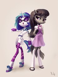 Size: 766x1024 | Tagged: safe, artist:holivi, dj pon-3, octavia melody, vinyl scratch, earth pony, unicorn, anthro, g4, arm band, arm hooves, clothes, dress, equestria girls outfit, female, puffy sleeves, skirt, smiling, sunglasses