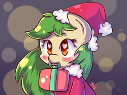 Size: 1024x768 | Tagged: safe, artist:tikrs007, oc, oc only, clothes, hat, heart, heart eyes, mouth hold, present, santa costume, santa hat, solo, wingding eyes