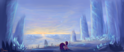 Size: 2600x1087 | Tagged: dead source, safe, artist:shamanguli, twilight sparkle, alicorn, pony, g4, female, ice, mare, mountain, pillar, solo, sunset, twilight sparkle (alicorn)