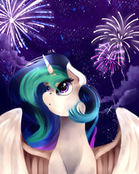 Size: 800x1000 | Tagged: safe, artist:moeru789, princess celestia, g4, female, fireworks, happy new year, solo