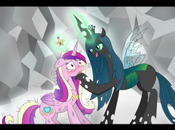 Size: 1480x1100 | Tagged: safe, artist:ピス・ピース, princess cadance, queen chrysalis, alicorn, changeling, changeling queen, pony, g4, blushing, crown, female, jewelry, regalia