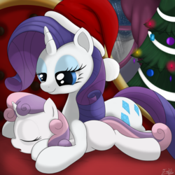 Size: 1600x1600 | Tagged: safe, artist:irregular-entity, rarity, sweetie belle, g4, christmas tree, hat, prone, santa hat, sisters, sleeping, tree