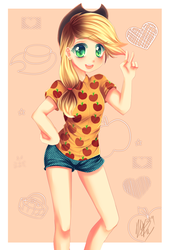 Size: 723x1072 | Tagged: dead source, safe, artist:shizuochan776, applejack, human, g4, clothes, daisy dukes, female, humanized, peace sign, shirt, solo