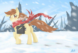 Size: 2900x2000 | Tagged: safe, artist:benkomilk, oc, oc only, oc:bento, bag, clothes, high res, scarf, snow, snowfall, solo