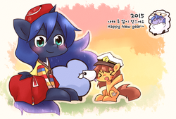 Size: 800x541 | Tagged: dead source, safe, artist:gyaheung, princess luna, oc, oc:gyaheung, alicorn, pony, sheep, g4, 2015, ><, blushing, clothes, cute, duo, eyes closed, female, filly, hanbok, happy new year, korean, lunabetes, sitting, woona, xd, younger