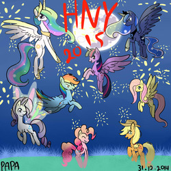 Size: 1000x1000 | Tagged: safe, artist:papaii123, applejack, fluttershy, pinkie pie, princess celestia, princess luna, rainbow dash, rarity, twilight sparkle, alicorn, pony, g4, female, fireworks, happy new year, mane six, mare, moon, new year, twilight sparkle (alicorn)