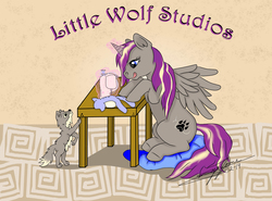 Size: 1623x1200 | Tagged: safe, artist:littlewolfstudios, oc, oc only, oc:kirawolf, banner, busy, craft, creative, cute, kirawolf, lilwolf, pony at work, sewing, work