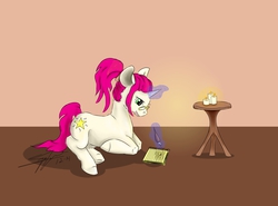 Size: 6900x5100 | Tagged: safe, artist:littlewolfstudios, oc, oc only, oc:misty star, oc:mistystar, pony, unicorn, absurd resolution, candle, cute, glasses, journal, magic, poetry, tongue out, underhoof, writing