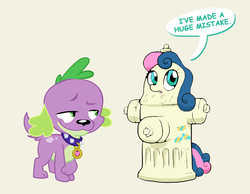 Size: 900x700 | Tagged: safe, artist:docwario, artist:tyto-ovo, bon bon, spike, sweetie drops, dog, equestria girls, g4, askblankbon, costanza face, dreamworks face, female, fire hydrant, fridge horror, i've made a huge mistake, implications, male, simple background, smirk, spike the dog, this will end in pee, this will end in tears, wat, yellow background