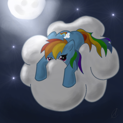 Size: 1000x1000 | Tagged: safe, artist:copperfern, rainbow dash, pegasus, pony, g4, artifact, cloud, cutie mark, female, hooves, lying on a cloud, mare, moon, night, on a cloud, prone, solo, stars