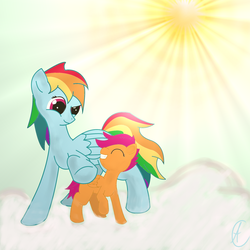 Size: 2000x2000 | Tagged: safe, artist:copperfern, rainbow dash, scootaloo, pegasus, pony, g4, ^^, cloud, cloudy, duo, eyes closed, female, filly, foal, grin, high res, mare, scootalove, siblings, sisters, smiling, sun