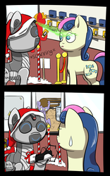 Size: 1500x2400 | Tagged: safe, artist:crashbrowns, bon bon, sweetie drops, pony, robot, g4, duo, hat, portal gun, santa hat