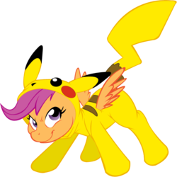 Size: 542x541 | Tagged: safe, artist:axlewolf, artist:moophins, scootaloo, pikachu, g4, clothes, costume, crossover, female, pokémon, scootachu, simple background, solo, transparent background, vector