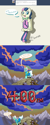 Size: 1280x3212 | Tagged: safe, artist:docwario, bon bon, lyra heartstrings, sweetie drops, earth pony, pony, g4, adventure time, askblankbon, clock, colored pupils, cosplay, crossover, female, lyra is not amused, male, scene parody, speech bubble, tumblr, wat