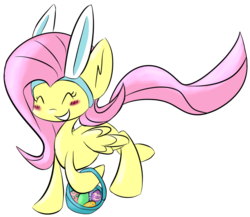 Size: 820x713 | Tagged: safe, artist:fuzzlepuzzle, fluttershy, g4, basket, blushing, bunny ears, easter, easter egg, egg, simple background, solo, transparent background