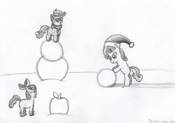 Size: 4000x2820 | Tagged: safe, artist:techarmsbu, apple bloom, scootaloo, sweetie belle, g4, boots, clothes, cutie mark crusaders, hat, high res, monochrome, santa hat, scarf, snow