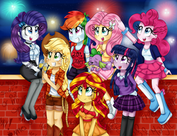 Size: 2300x1762 | Tagged: safe, artist:lucy-tan, applejack, fluttershy, pinkie pie, rainbow dash, rarity, spike, sunset shimmer, twilight sparkle, dog, human, equestria girls, g4, alcohol, boots, champagne, clothes, cute, dress, fireworks, holding a dog, humane five, humane seven, humane six, shoes, spike the dog, twilight sparkle (alicorn), wine